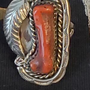 Native American Sterling Silver  Coral Ring Size 8.5 Mens Vintage